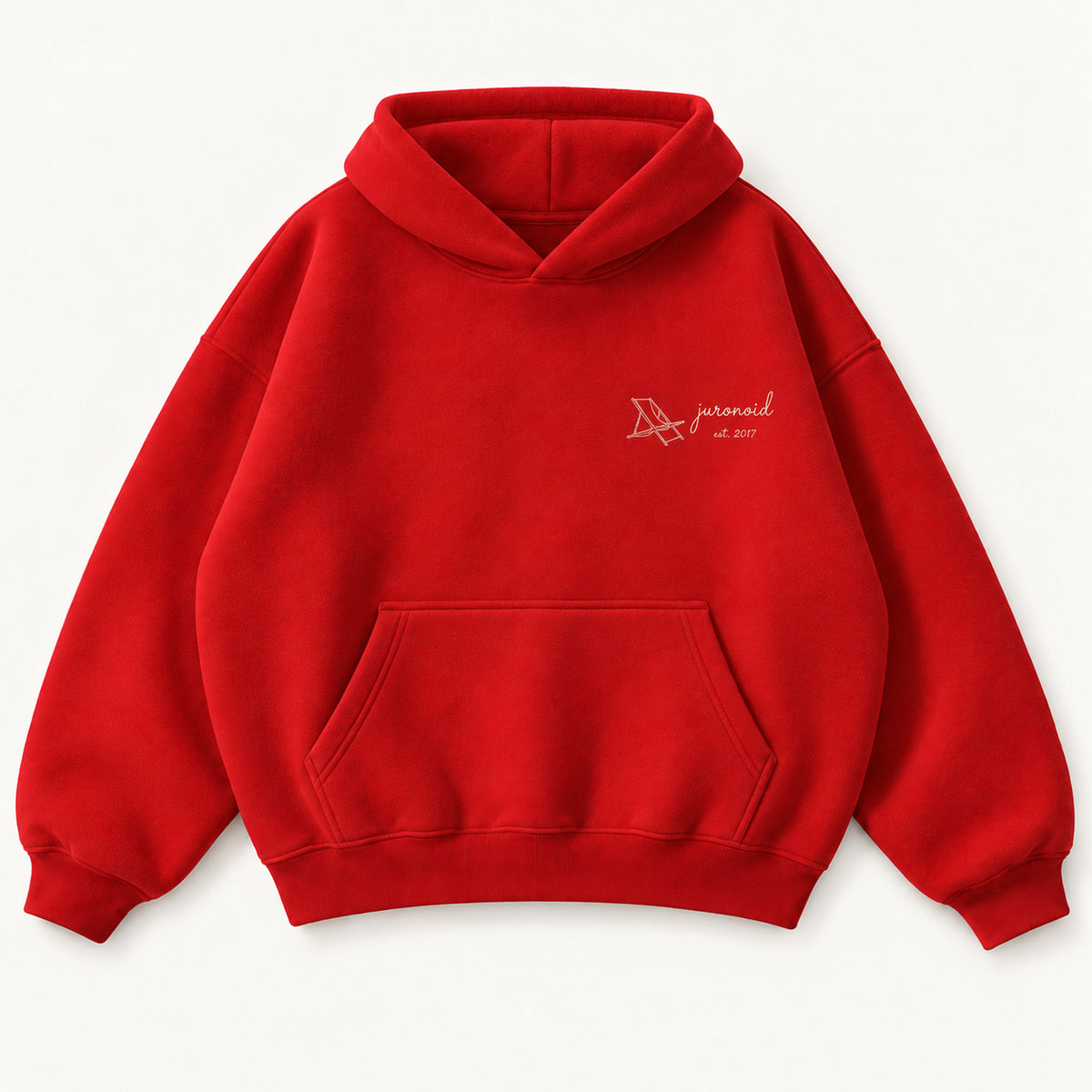 Scharlachroter Nothing to Prove Hoodie, Vorderseite mit feinem cremefarbenem Sessel- und Schriftzugstick auf der Brust