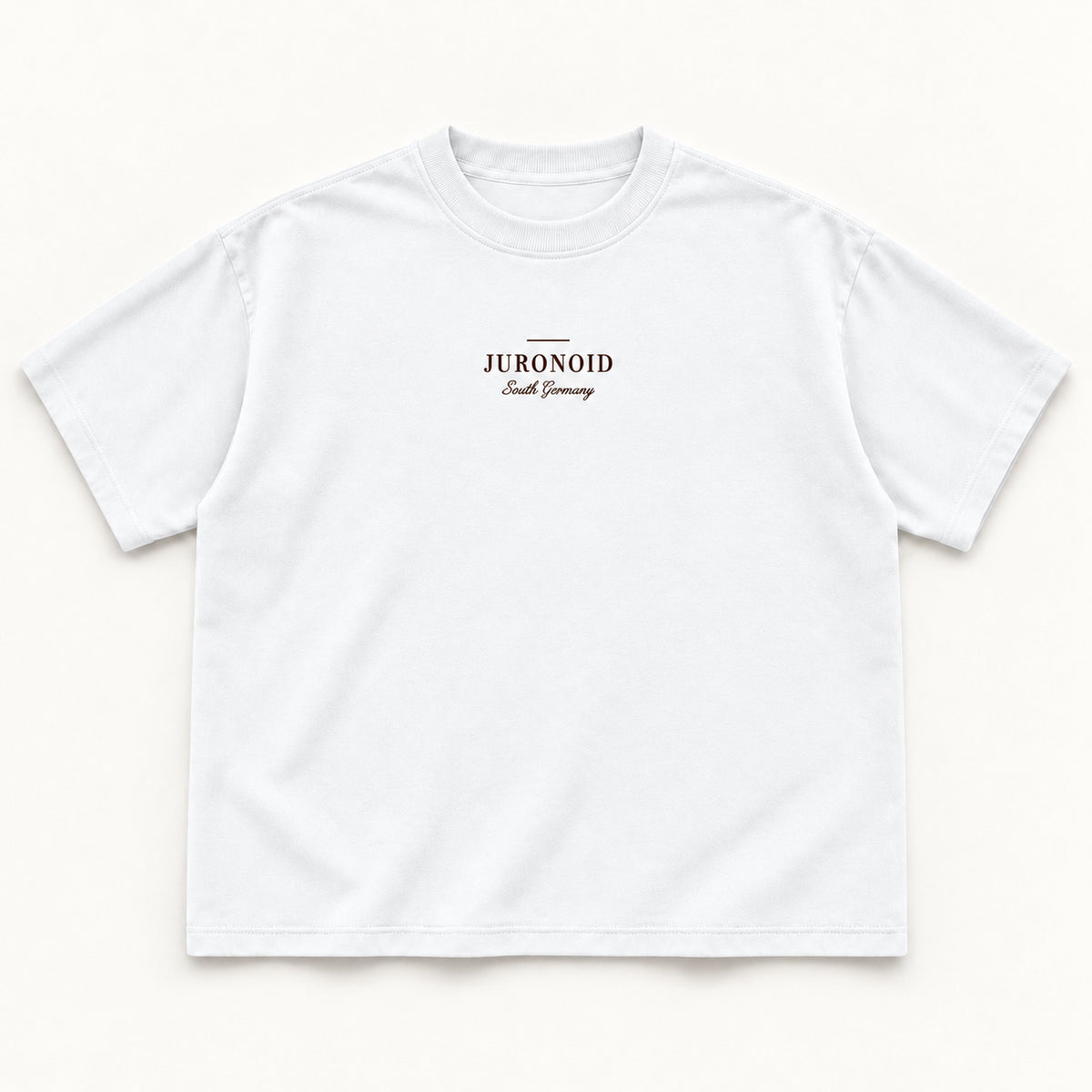 Weißes Good Company Tee, Vorderseite mit dunkelbraunem JURONOID-Schriftzug und „South Germany“