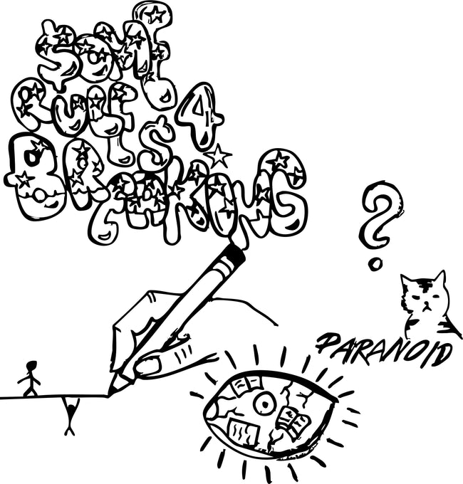 Originale JURONOID-Zeichnung mit Buchstaben, Auge und Bleistift