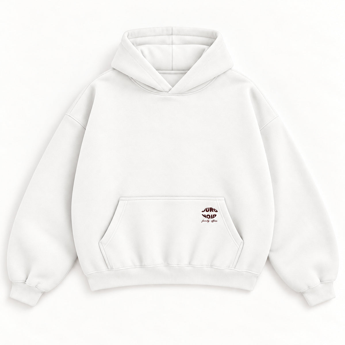 Weißer Peace of Mind Hoodie, Vorderseite mit Kapuze und kleinem weinrotem Stick an der Kängurutasche