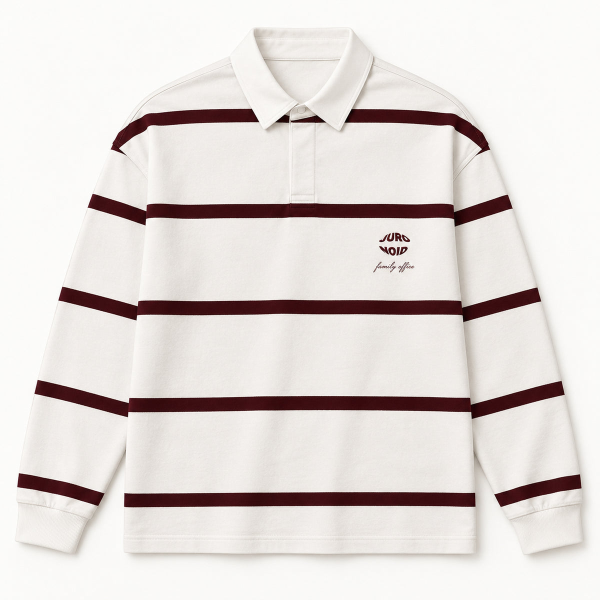 Weißes Rugbyshirt von vorn mit schmalen Merlotstreifen, weißem Polokragen und kleinem JURONOID-Bruststick