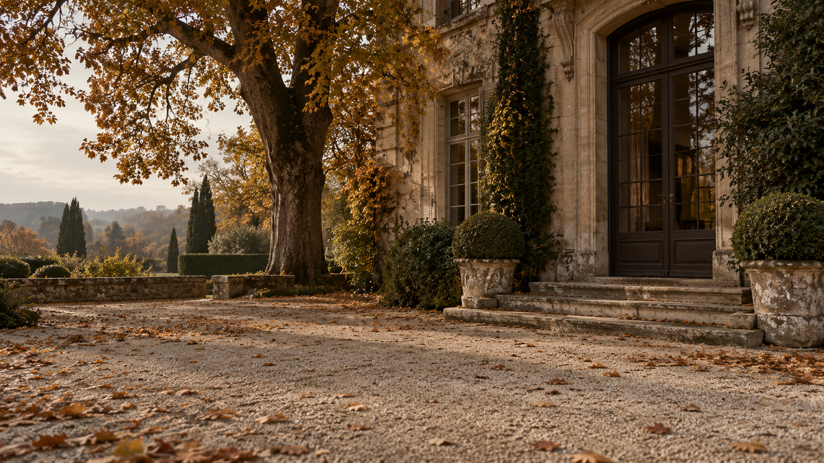 Herbstliche Sandsteinfassade, Kastanienbaum und warme Naturtöne