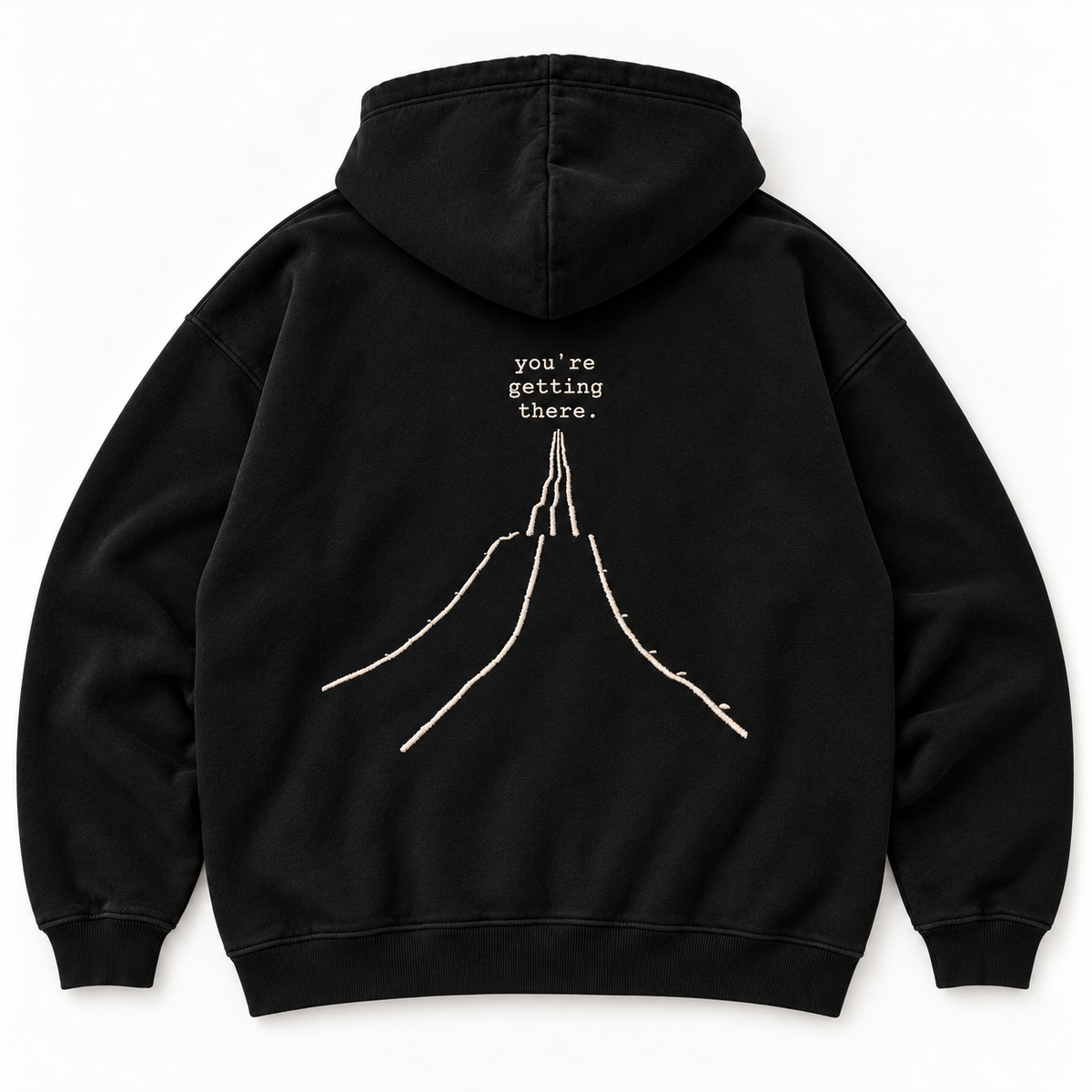 Schwarzer JURONOID Getting There Hoodie von hinten mit großem gesticktem Wegmotiv und „you're getting there.“