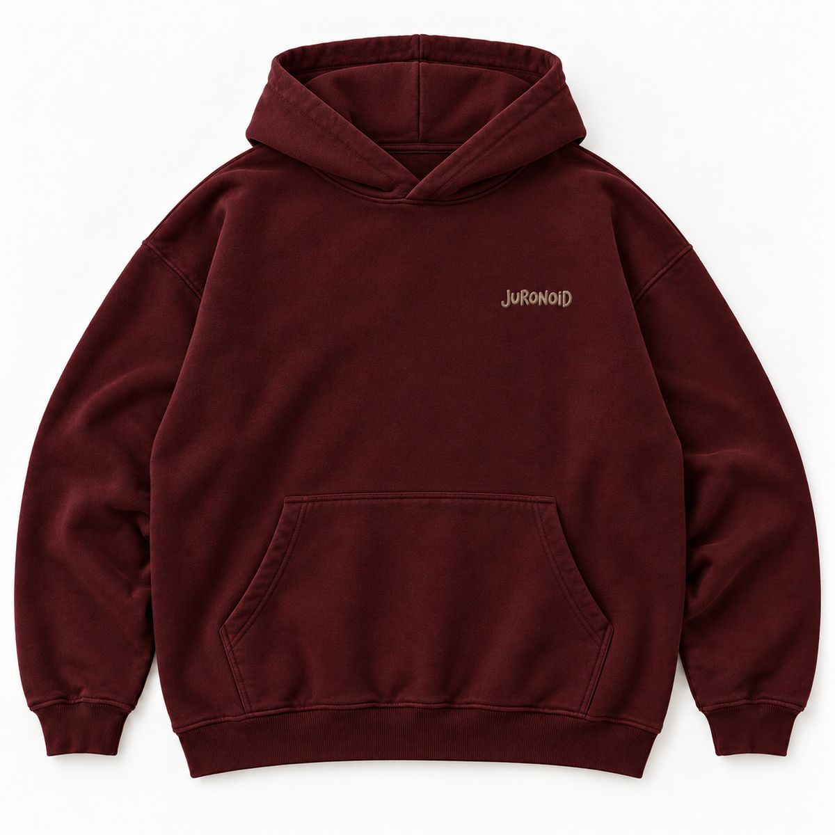 Bordeauxroter JURONOID Little You Hoodie von vorne mit dezentem taupefarbenem JURONOID-Bruststick