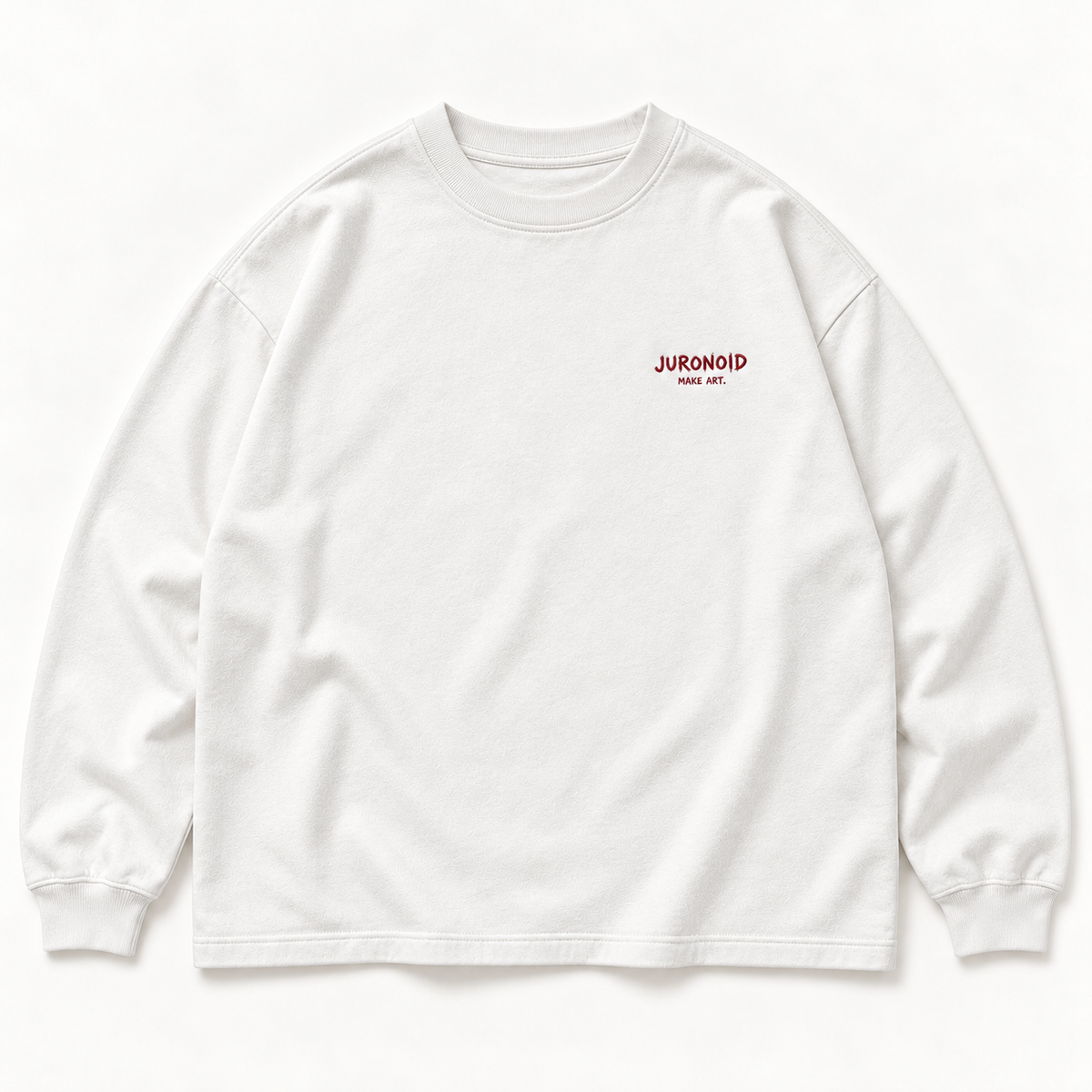 Offweißes JURONOID Our Rules Longsleeve von vorne mit kleinem weinrotem Bruststick „JURONOID Make Art.“